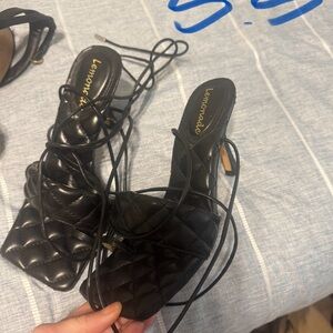 Lemon Black Quilted Lace-Up Heeled Sandals